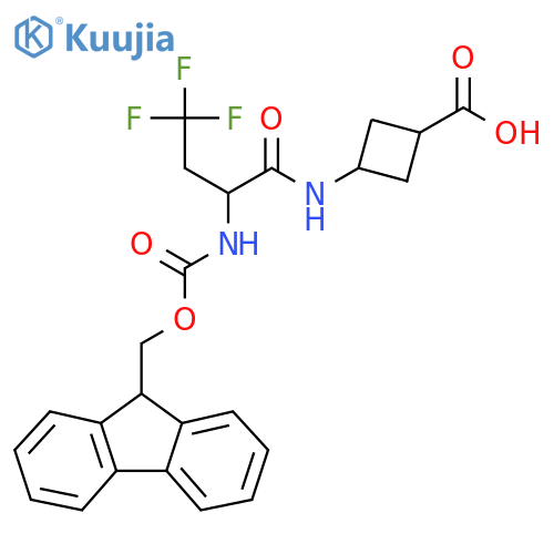 3-2-({(9H-fluoren-9-yl)methoxycarbonyl}amino)-4,4,4-trifluorobutanamidocyclobutane-1-carboxylic acid structure