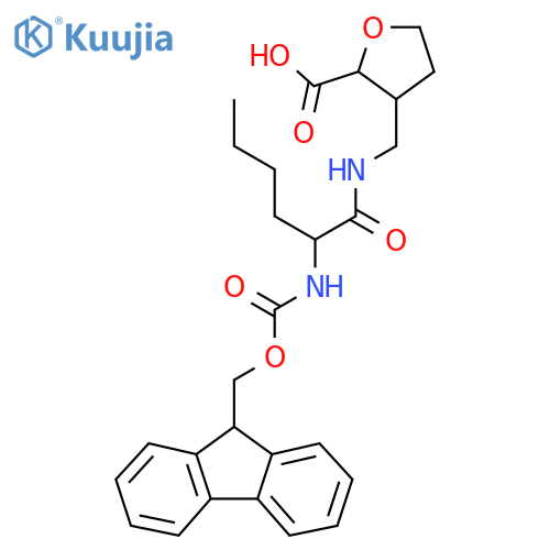 3-{2-({(9H-fluoren-9-yl)methoxycarbonyl}amino)hexanamidomethyl}oxolane-2-carboxylic acid structure