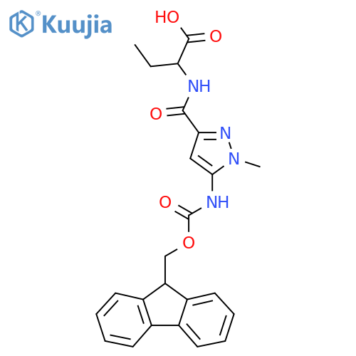 2-{5-({(9H-fluoren-9-yl)methoxycarbonyl}amino)-1-methyl-1H-pyrazol-3-ylformamido}butanoic acid structure