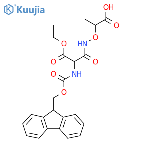 2-{2-(ethyl carboxy)-2-({(9H-fluoren-9-yl)methoxycarbonyl}amino)acetamidooxy}propanoic acid structure