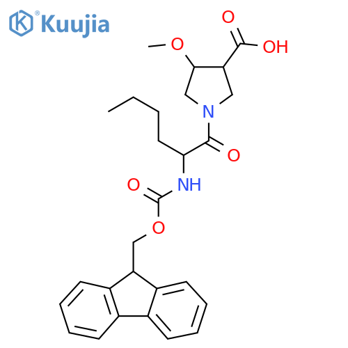 1-2-({(9H-fluoren-9-yl)methoxycarbonyl}amino)hexanoyl-4-methoxypyrrolidine-3-carboxylic acid structure