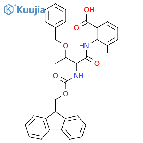 2-3-(benzyloxy)-2-({(9H-fluoren-9-yl)methoxycarbonyl}amino)butanamido-3-fluorobenzoic acid structure