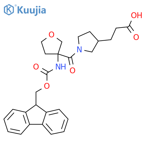 3-{1-3-({(9H-fluoren-9-yl)methoxycarbonyl}amino)oxolane-3-carbonylpyrrolidin-3-yl}propanoic acid structure