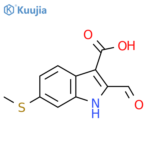2-formyl-6-(methylsulfanyl)-1H-indole-3-carboxylic acid structure