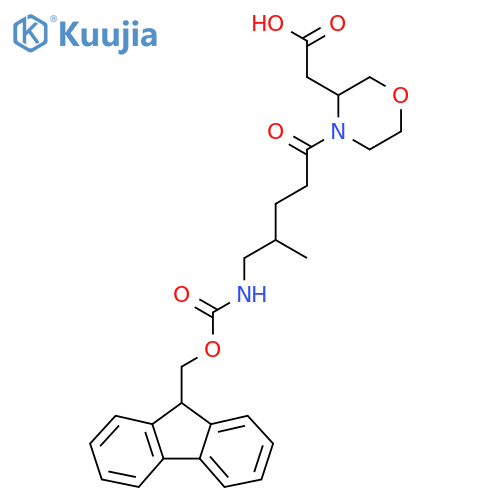 2-{4-5-({(9H-fluoren-9-yl)methoxycarbonyl}amino)-4-methylpentanoylmorpholin-3-yl}acetic acid structure