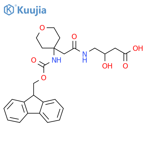 4-{2-4-({(9H-fluoren-9-yl)methoxycarbonyl}amino)oxan-4-ylacetamido}-3-hydroxybutanoic acid structure
