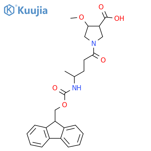 1-4-({(9H-fluoren-9-yl)methoxycarbonyl}amino)pentanoyl-4-methoxypyrrolidine-3-carboxylic acid structure