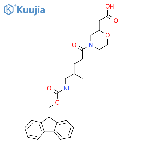 2-{4-5-({(9H-fluoren-9-yl)methoxycarbonyl}amino)-4-methylpentanoylmorpholin-2-yl}acetic acid structure