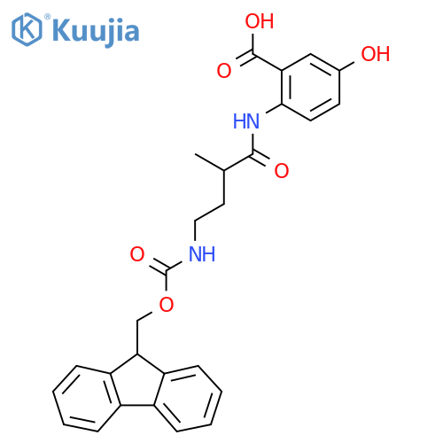 2-4-({(9H-fluoren-9-yl)methoxycarbonyl}amino)-2-methylbutanamido-5-hydroxybenzoic acid structure