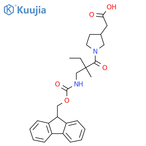 2-(1-{2-({(9H-fluoren-9-yl)methoxycarbonyl}amino)methyl-2-methylbutanoyl}pyrrolidin-3-yl)acetic acid structure