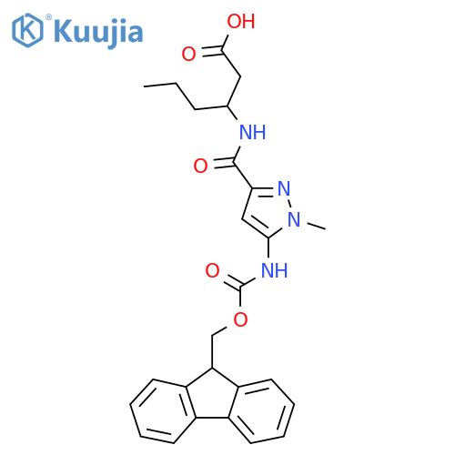 3-{5-({(9H-fluoren-9-yl)methoxycarbonyl}amino)-1-methyl-1H-pyrazol-3-ylformamido}hexanoic acid structure