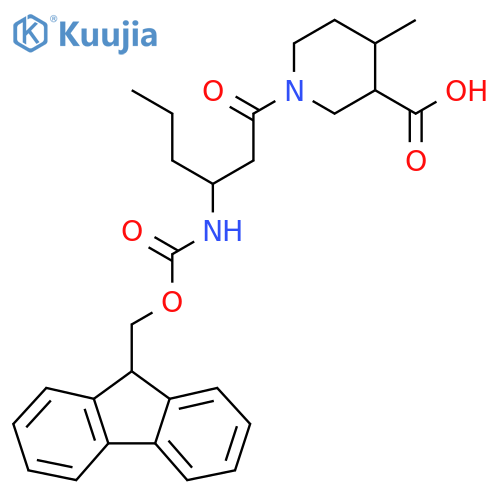 1-3-({(9H-fluoren-9-yl)methoxycarbonyl}amino)hexanoyl-4-methylpiperidine-3-carboxylic acid structure