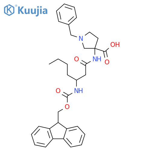 1-benzyl-3-3-({(9H-fluoren-9-yl)methoxycarbonyl}amino)heptanamidopyrrolidine-3-carboxylic acid structure