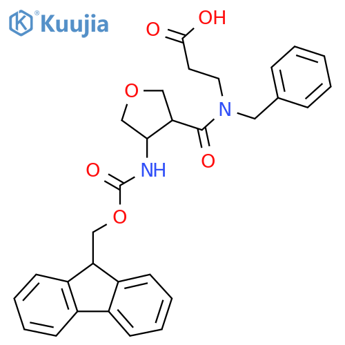 3-{N-benzyl-1-4-({(9H-fluoren-9-yl)methoxycarbonyl}amino)oxolan-3-ylformamido}propanoic acid structure