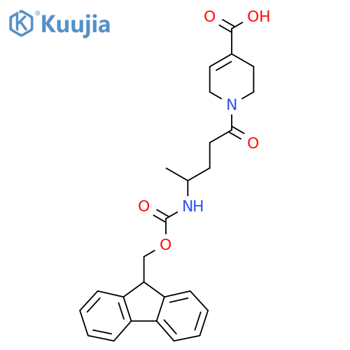 1-4-({(9H-fluoren-9-yl)methoxycarbonyl}amino)pentanoyl-1,2,3,6-tetrahydropyridine-4-carboxylic acid structure