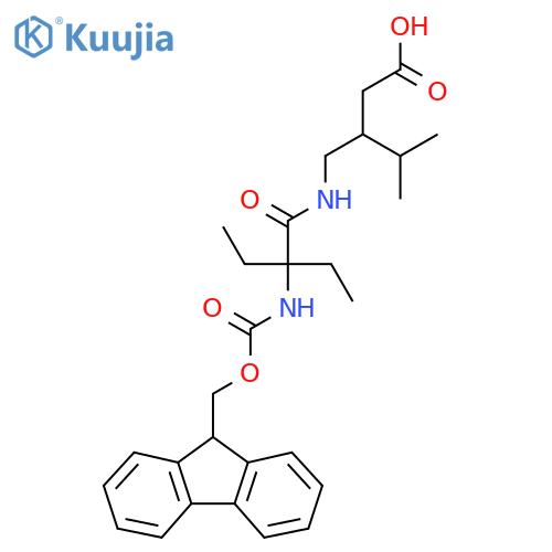 3-{2-ethyl-2-({(9H-fluoren-9-yl)methoxycarbonyl}amino)butanamidomethyl}-4-methylpentanoic acid structure