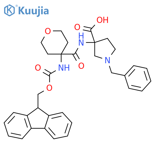 1-benzyl-3-4-({(9H-fluoren-9-yl)methoxycarbonyl}amino)oxane-4-amidopyrrolidine-3-carboxylic acid structure