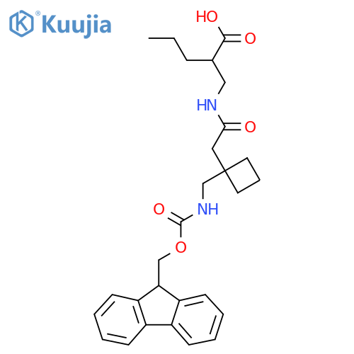 2-(2-{1-({(9H-fluoren-9-yl)methoxycarbonyl}amino)methylcyclobutyl}acetamido)methylpentanoic acid structure