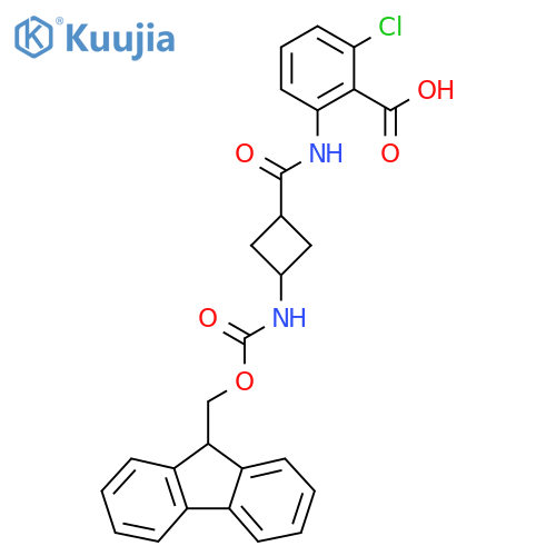 2-chloro-6-3-({(9H-fluoren-9-yl)methoxycarbonyl}amino)cyclobutaneamidobenzoic acid structure