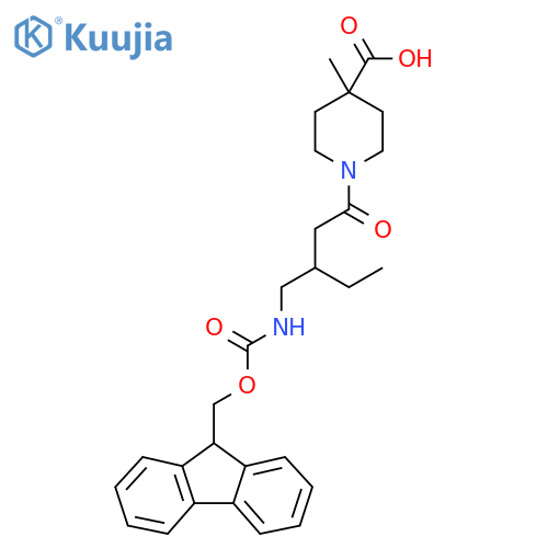 1-{3-({(9H-fluoren-9-yl)methoxycarbonyl}amino)methylpentanoyl}-4-methylpiperidine-4-carboxylic acid structure