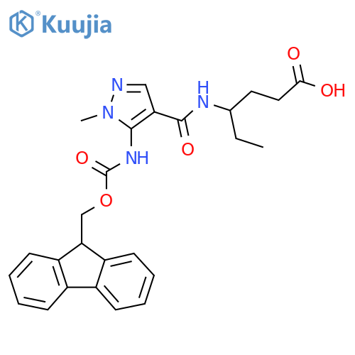 4-{5-({(9H-fluoren-9-yl)methoxycarbonyl}amino)-1-methyl-1H-pyrazol-4-ylformamido}hexanoic acid structure