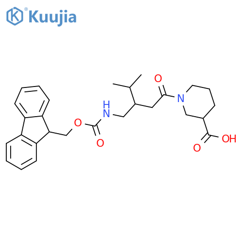 1-{3-({(9H-fluoren-9-yl)methoxycarbonyl}amino)methyl-4-methylpentanoyl}piperidine-3-carboxylic acid structure
