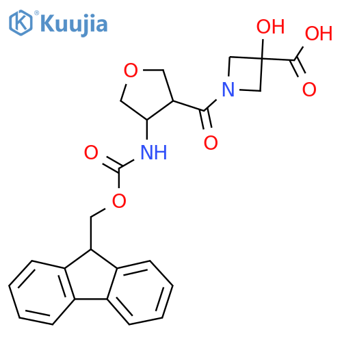 1-4-({(9H-fluoren-9-yl)methoxycarbonyl}amino)oxolane-3-carbonyl-3-hydroxyazetidine-3-carboxylic acid structure