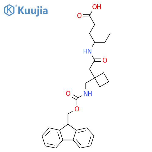 4-(2-{1-({(9H-fluoren-9-yl)methoxycarbonyl}amino)methylcyclobutyl}acetamido)hexanoic acid structure