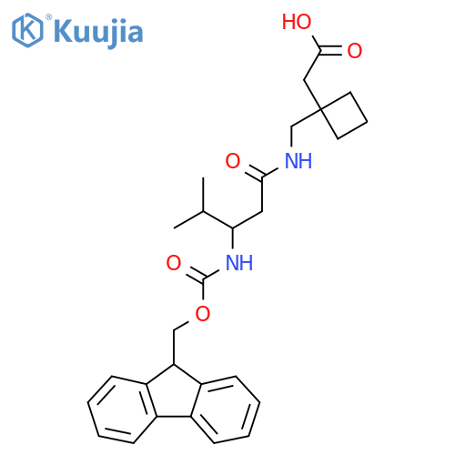2-(1-{3-({(9H-fluoren-9-yl)methoxycarbonyl}amino)-4-methylpentanamidomethyl}cyclobutyl)acetic acid structure