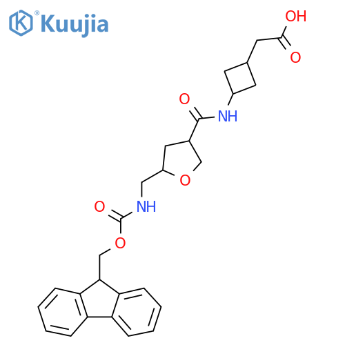 2-(3-{5-({(9H-fluoren-9-yl)methoxycarbonyl}amino)methyloxolane-3-amido}cyclobutyl)acetic acid structure