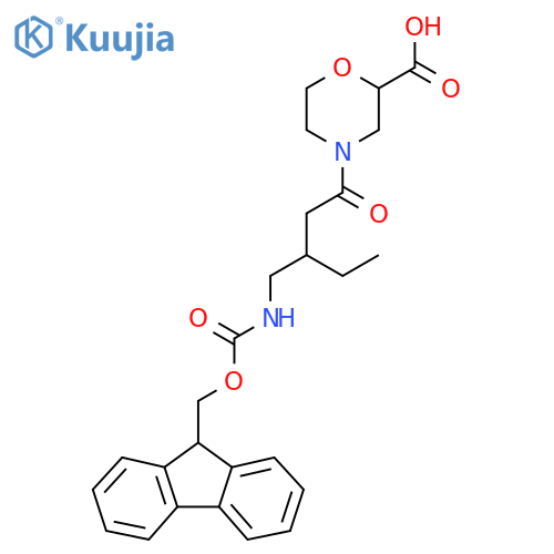 4-{3-({(9H-fluoren-9-yl)methoxycarbonyl}amino)methylpentanoyl}morpholine-2-carboxylic acid structure