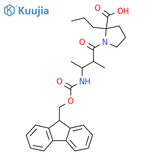1-3-({(9H-fluoren-9-yl)methoxycarbonyl}amino)-2-methylbutanoyl-2-propylpyrrolidine-2-carboxylic acid structure