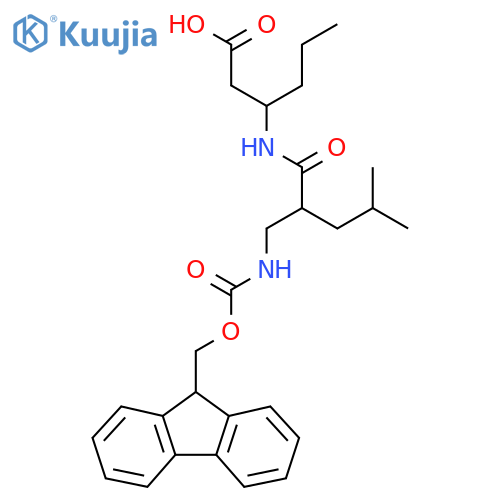 3-{2-({(9H-fluoren-9-yl)methoxycarbonyl}amino)methyl-4-methylpentanamido}hexanoic acid structure