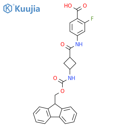 4-3-({(9H-fluoren-9-yl)methoxycarbonyl}amino)cyclobutaneamido-2-fluorobenzoic acid structure