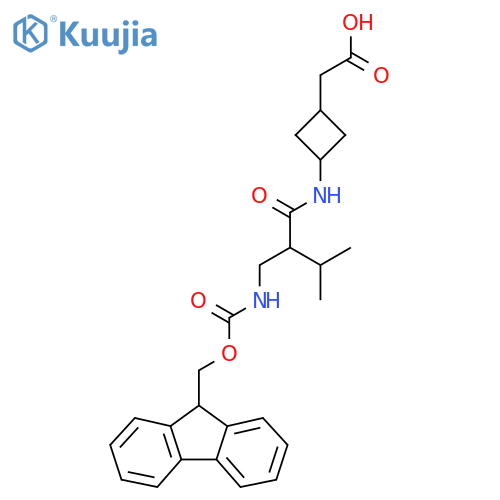 2-(3-{2-({(9H-fluoren-9-yl)methoxycarbonyl}amino)methyl-3-methylbutanamido}cyclobutyl)acetic acid structure