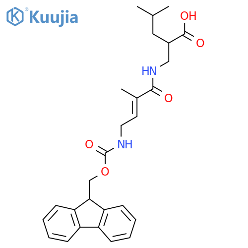 2-{4-({(9H-fluoren-9-yl)methoxycarbonyl}amino)-2-methylbut-2-enamidomethyl}-4-methylpentanoic acid structure