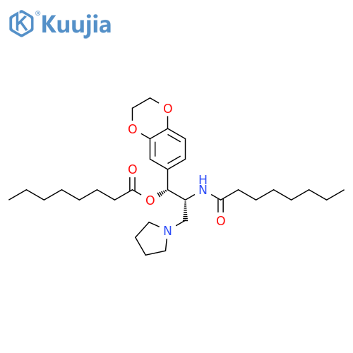 (1R,2R)-1-(2,3-dihydro-1,4-benzodioxin-6-yl)-2-octanamido-3-(pyrrolidin-1-yl)propyl octanoate structure