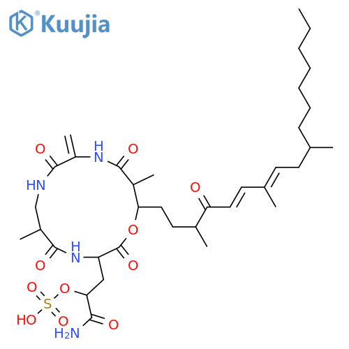Cyclo[2,3-didehydroalanyl-2-methyl-b-alanyl-4-(sulfooxy)glutaminyl-(8E,10E)-3-hydroxy-2,6,10,13-tetramethyl-7-oxo-8,10-eicosadienoyl] structure