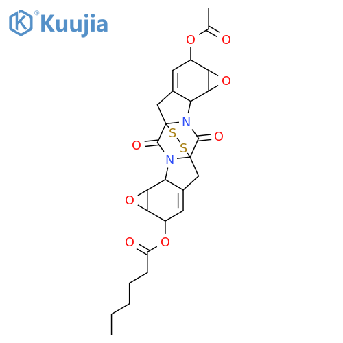 Hexanoic acid, (1aS,2S,4aR,6aS,6bR,7aS,8S,10aR,12aS,12bR)-8-(acetyloxy)-1a,2,6a,6b,7a,8,12a,12b-octahydro-5,11-dioxo-5H,11H-4a,10a-epidithio-4H,10H-bisoxireno[g,g']pyrazino[1,2-a:4,5-a']diindol-2-yl ester structure