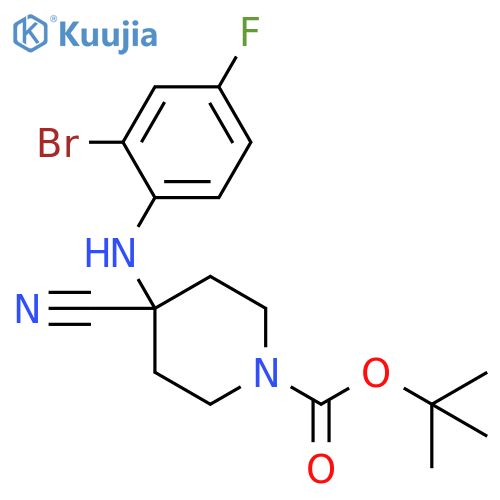 tert-butyl 4-((2-bromo-4-fluorophenyl)amino)-4-cyanopiperidine-1-carboxylate structure