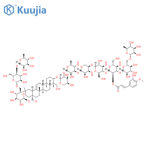 Olean-12-en-28-oicacid, 3-[[O-6-deoxy-a-L-mannopyranosyl-(1(R)6)-O-b-D-glucopyranosyl-(1(R)3)-O-2-O-[(2E)-3-(3-hydroxy-4-methoxyphenyl)-1-oxo-2-propenyl]-b-D-glucopyranosyl-(1(R)4)-O-b-D-glucopyranosyl-(1(R)4)-O-b-D-ribopyranosyl-(1(R)3)-O-6-deoxy-a-L-mannopyranosyl-(1(R)2)-a-L-arabinopyranosyl]oxy]-23-hydroxy-,O-6-deoxy-a-L-mannopyranosyl-(1(R)4)-O-b-D-glucopyranosyl-(1(R)6)-b-D-glucopyranosyl ester, (3b,4a)- (9CI) structure