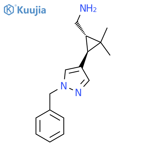 rac-(1R,3R)-3-(1-benzyl-1H-pyrazol-4-yl)-2,2-dimethylcyclopropylmethanamine structure