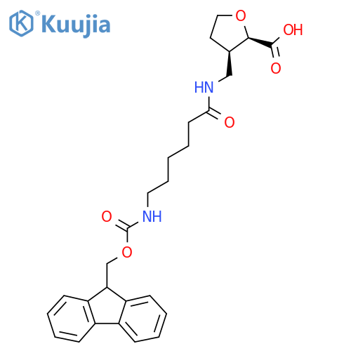 rac-(2R,3R)-3-{6-({(9H-fluoren-9-yl)methoxycarbonyl}amino)hexanamidomethyl}oxolane-2-carboxylic acid structure