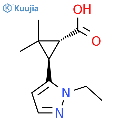 rac-(1R,3R)-3-(1-ethyl-1H-pyrazol-5-yl)-2,2-dimethylcyclopropane-1-carboxylic acid structure