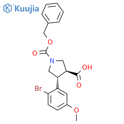 rac-(3R,4S)-1-(benzyloxy)carbonyl-4-(2-bromo-5-methoxyphenyl)pyrrolidine-3-carboxylic acid structure