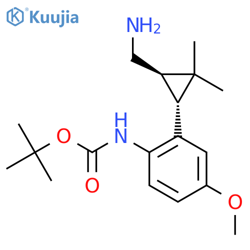 rac-tert-butyl N-{2-(1R,3R)-3-(aminomethyl)-2,2-dimethylcyclopropyl-4-methoxyphenyl}carbamate structure