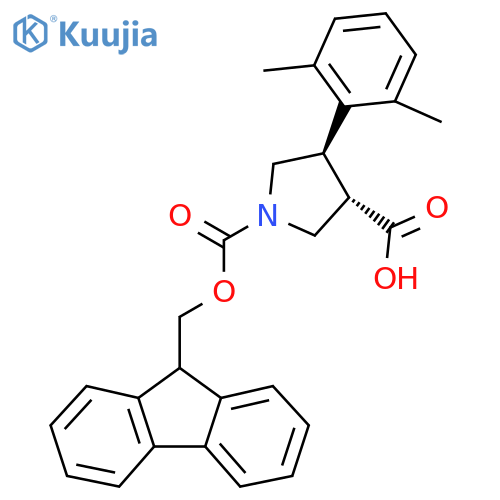 rac-(3R,4S)-4-(2,6-dimethylphenyl)-1-{(9H-fluoren-9-yl)methoxycarbonyl}pyrrolidine-3-carboxylic acid structure