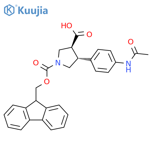 rac-(3R,4S)-4-(4-acetamidophenyl)-1-{(9H-fluoren-9-yl)methoxycarbonyl}pyrrolidine-3-carboxylic acid structure