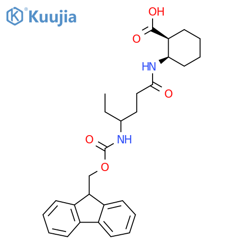 rac-(1R,2S)-2-4-({(9H-fluoren-9-yl)methoxycarbonyl}amino)hexanamidocyclohexane-1-carboxylic acid structure