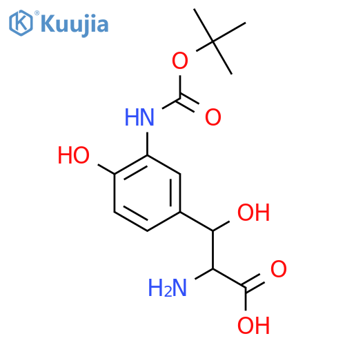 2-amino-3-(3-{(tert-butoxy)carbonylamino}-4-hydroxyphenyl)-3-hydroxypropanoic acid structure